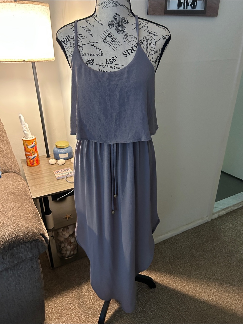Layered Maxi Dress with Straps in Dusty Gray with Drawstring Waist
